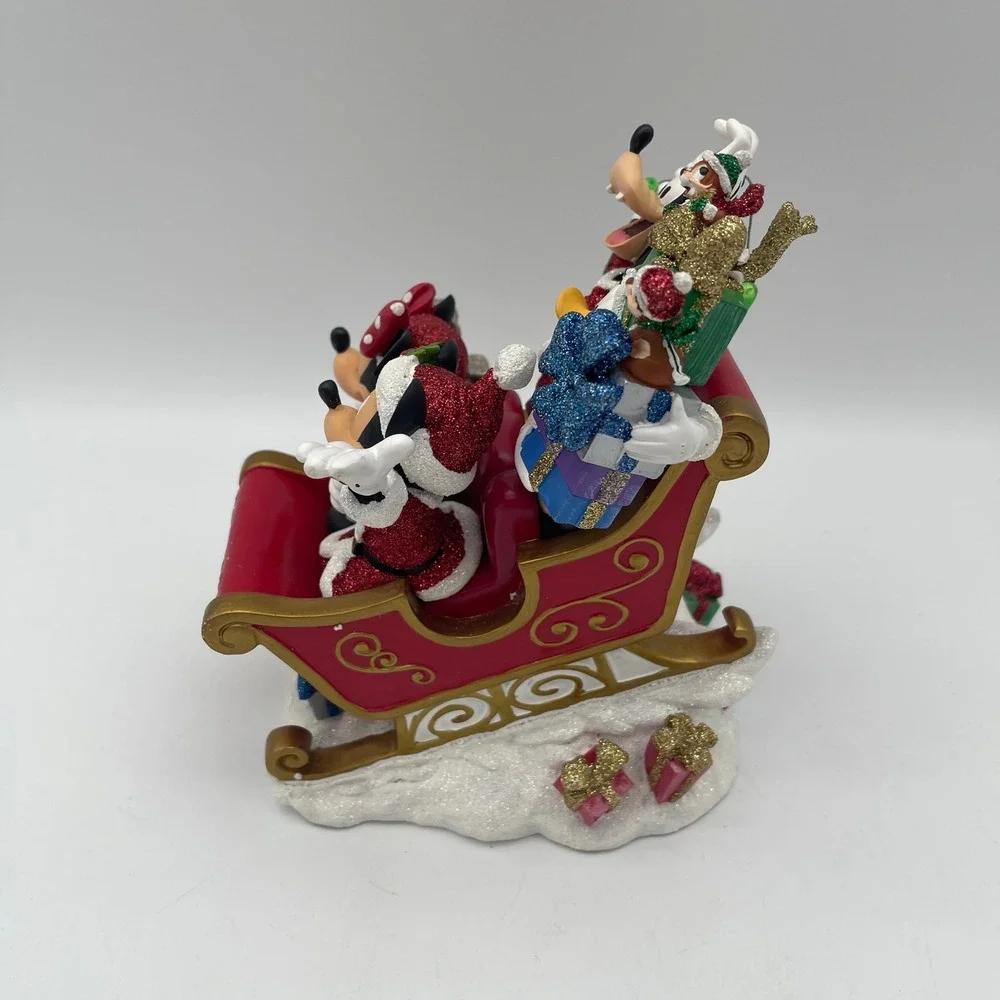 Disney Christmas Sleigh Figurine Mickey Minnie Donald Goofy Chip N Dale Glitter